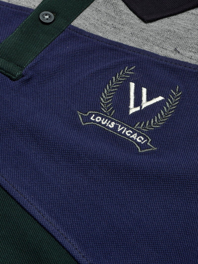 LV Summer Polo Shirt For Men-Dark Green with Blue & Grey Melange Panel-LOC0099
