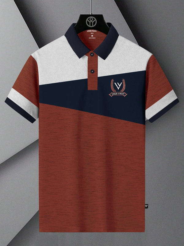 LV Summer Polo Shirt For Men-Dark Orange Melange with Navy & White Panel-LOC00102