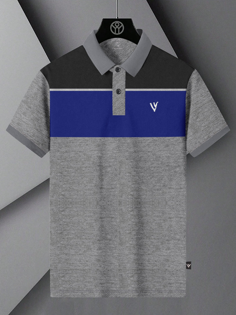 LV Summer Polo Shirt For Men-Grey Melange with Charcoal & Blue Panel-LOC0084
