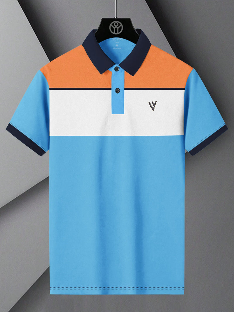 LV Summer Polo Shirt For Men-Sky Blue with White & Orange Panel-LOC0085