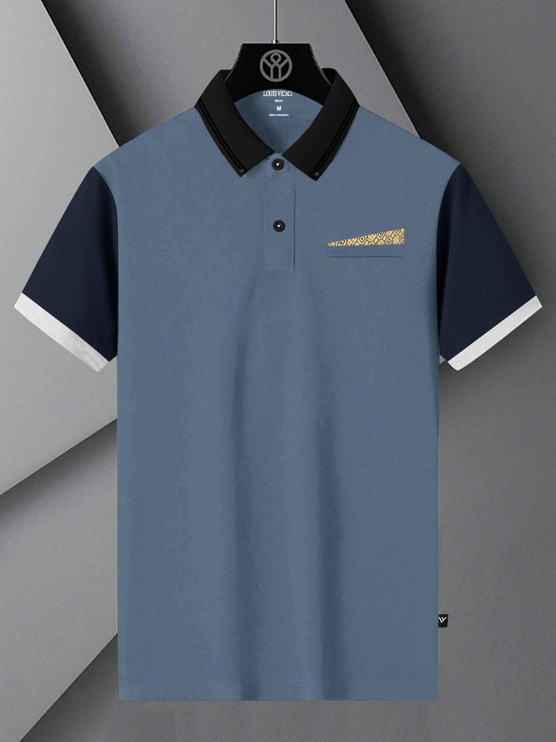 LV Summer Polo Shirt For Men-Steel Blue with Navy-LOC0092