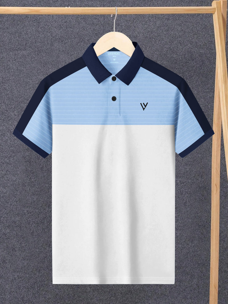 LV Summer Polo Shirt For Men-White with Sky Lining & Navy-LOC0073