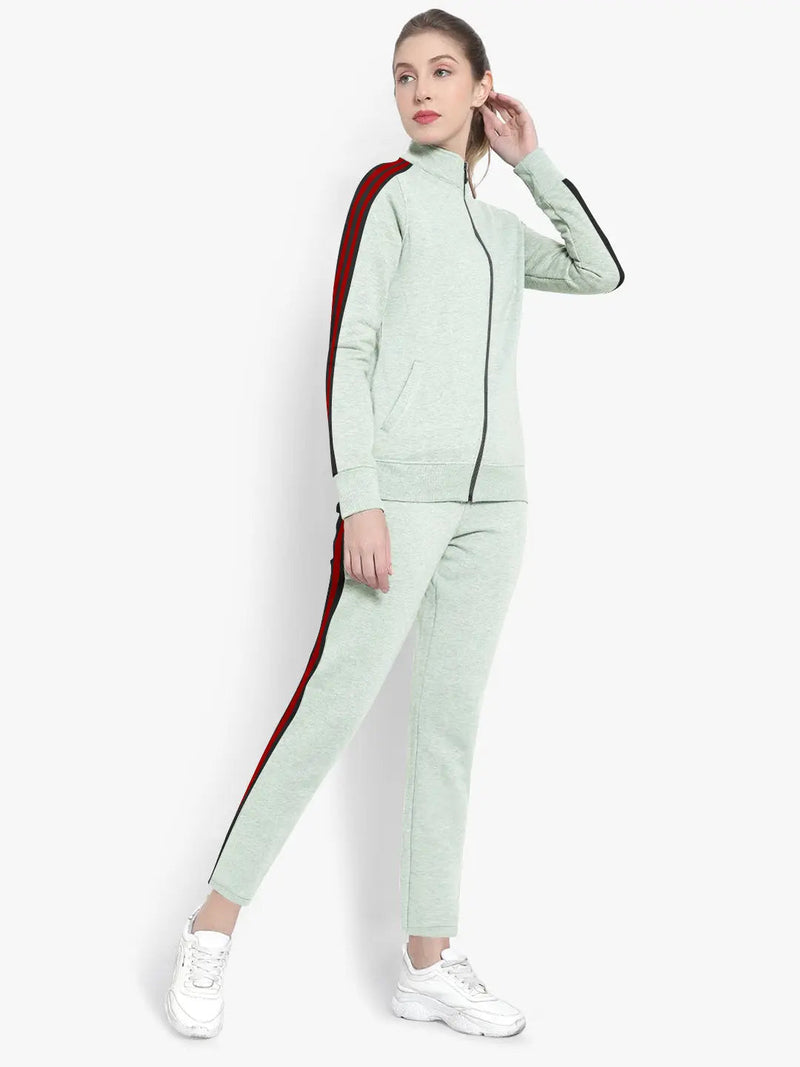 Louis Vicaci Fleece Zipper Tracksuit For Ladies Green Melange with Black Stripe-RT2121