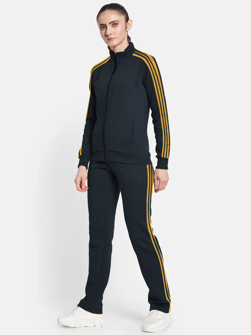 Louis Vicaci Fleece Zipper Tracksuit For Ladies Navy with Yellow Stripe-RT2128