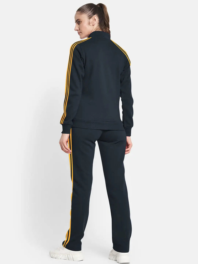 Louis Vicaci Fleece Zipper Tracksuit For Ladies Navy with Yellow Stripe-RT2128
