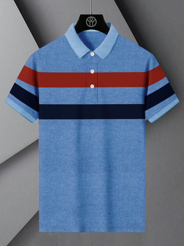 NXT Summer Polo Shirt For Men-Blue Melange with Navy & Red Stripe-LOC0021