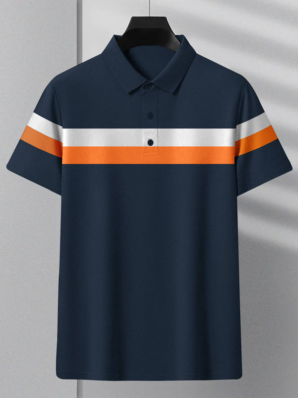 NXT Summer Polo Shirt For Men-Dark Navy With White & Orange Stripe-LOC0036