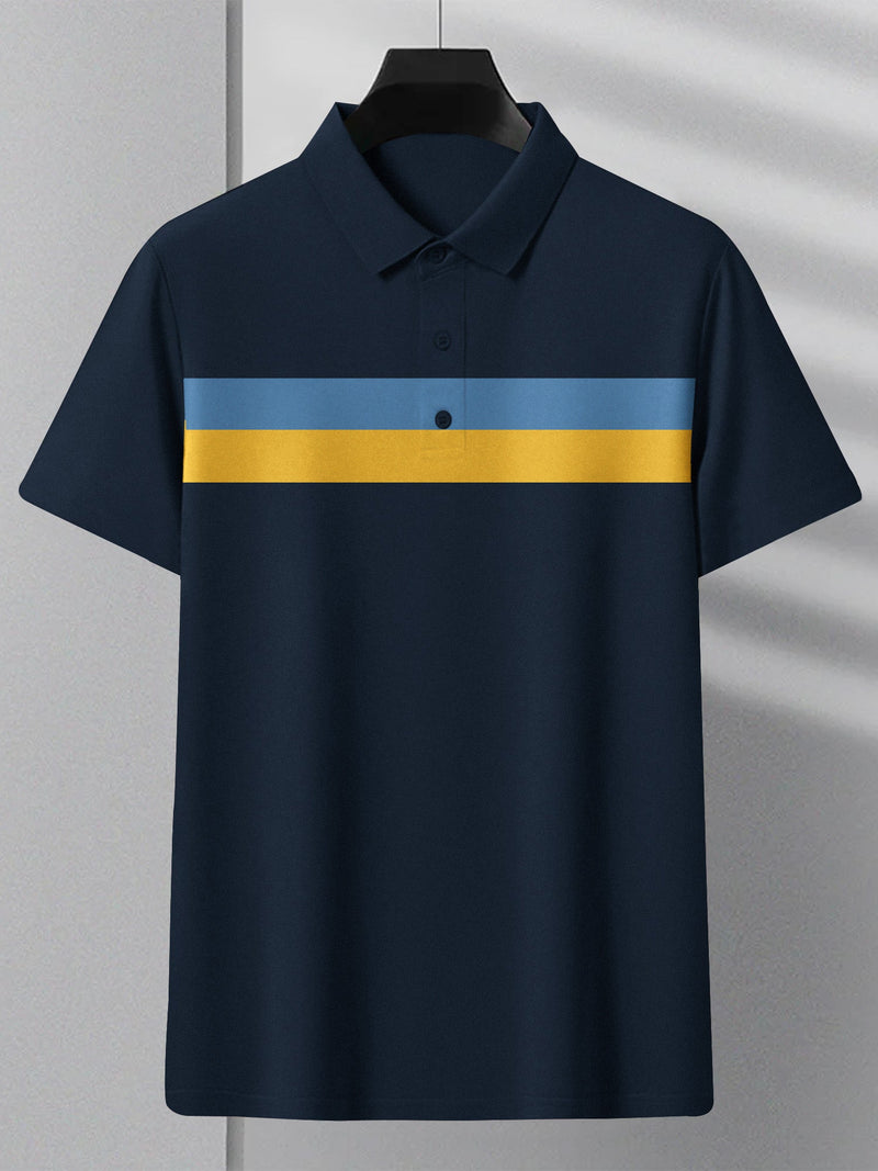 NXT Summer Polo Shirt For Men-Dark Navy With Yellow & Sky Stripe-LOC0019