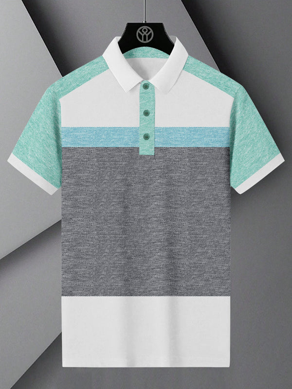 NXT Summer Polo Shirt For Men-White With Navy & Green Stripe-LOC0025