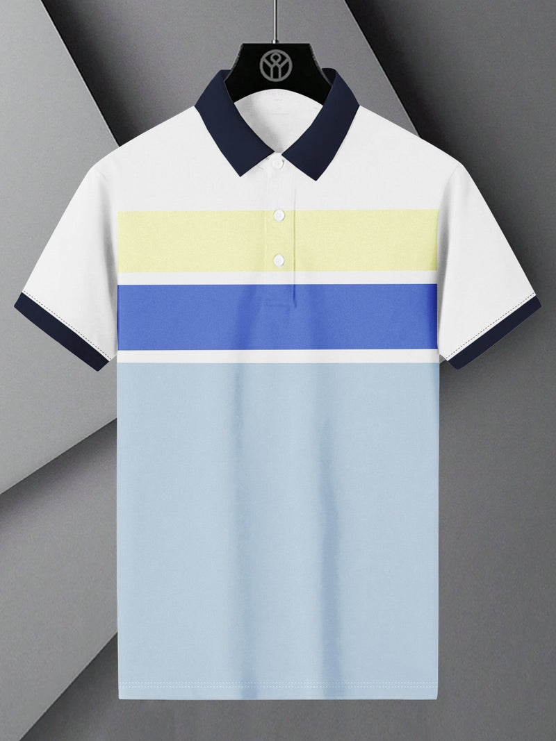 NXT Summer Polo Shirt For Men-White with Blue & Yellow Stripe-LOC0077