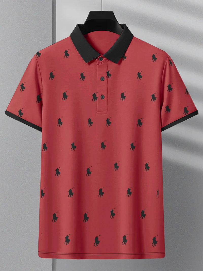 PRL Summer Polo Shirt For Men-Dark Red with Allover Print-LOC0030