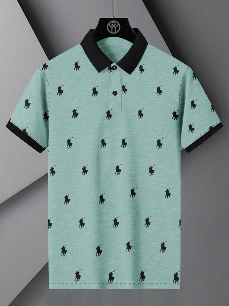 PRL Summer Polo Shirt For Men-Light Green Melange with Allover Print-LOC0011