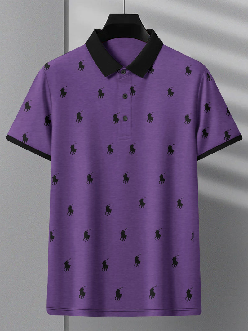 PRL Summer Polo Shirt For Men-Purple Melange with Allover Print-LOC0010