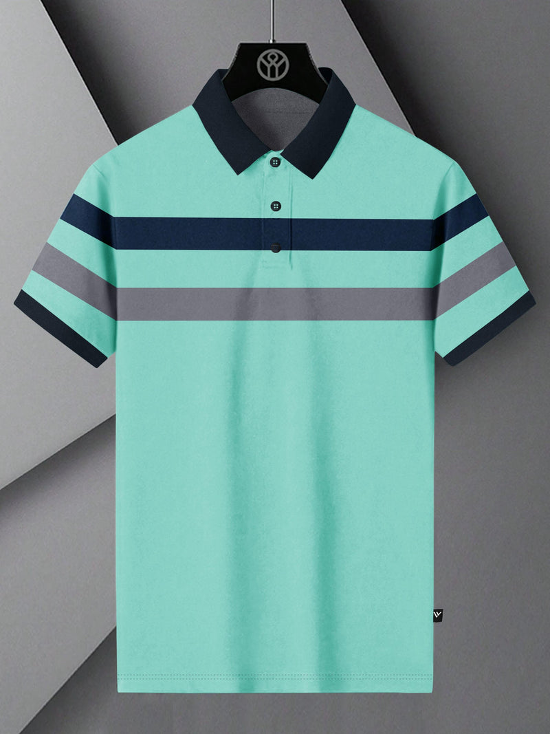 NXT Summer Polo Shirt For Men-Cyan Blue With Stripes-LOC0096