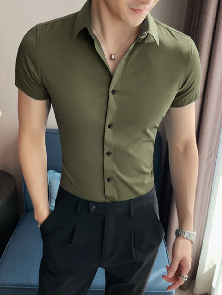 Oxen Nexoluce Super Stretchy Slim Fit Half Sleeve Lycra Casual Shirt For Men-Olive-LOC