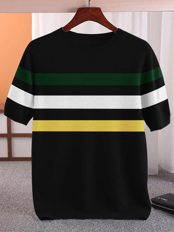 Full Fashion Short Sleeve Crew Neck Sweater For Men-Black With Stripes-LOC#SW17