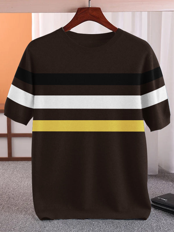 Full Fashion Short Sleeve Crew Neck Sweater For Men-Brown With Stripes-SP1099/LOC#SW18