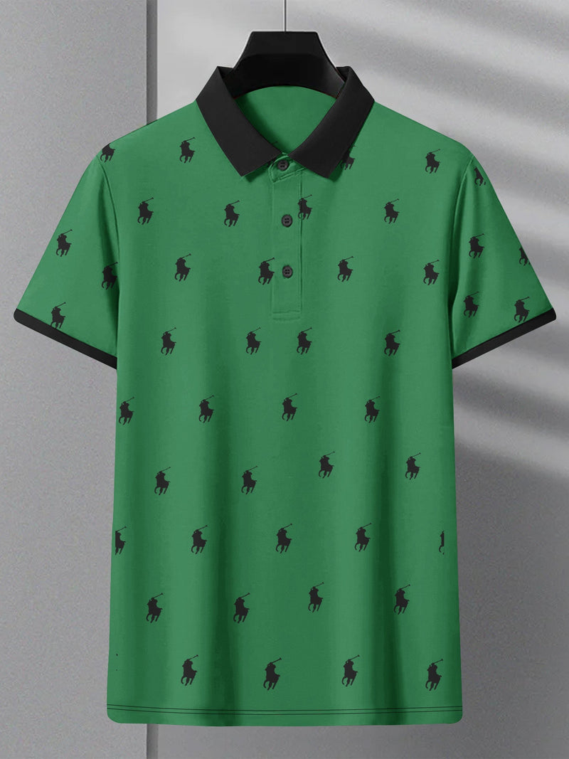 Summer Polo Shirt For Men-Green with Allover Print-LOC0053