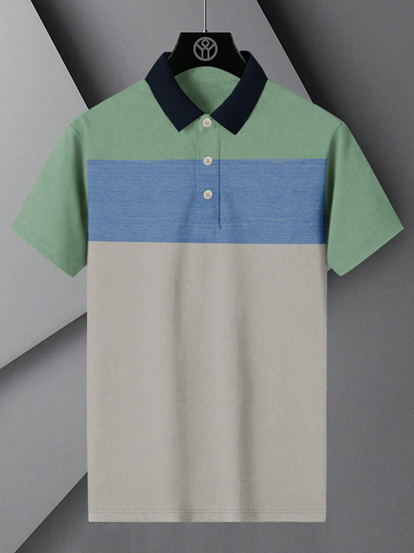 Summer Polo Shirt For Men-Grey with Sky & Green Panel-LOC0042