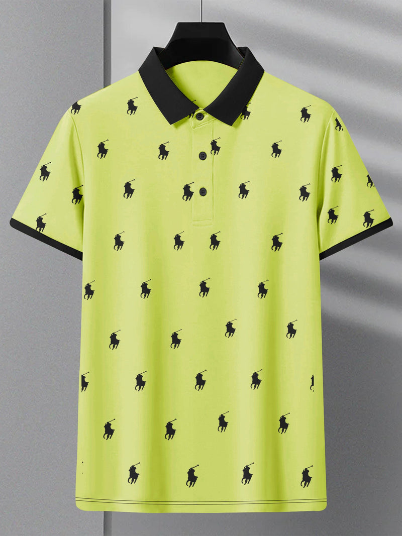 Summer Polo Shirt For Men-Lime Green with Allover Print-LOC0050
