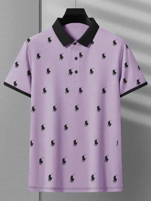 Summer Polo Shirt For Men-Purple with Allover Print-LOC0051