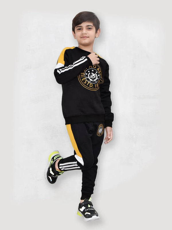U.S Polo Assn Fleece Tracksuit For Kids-Black with Yellow-LOC#0K29