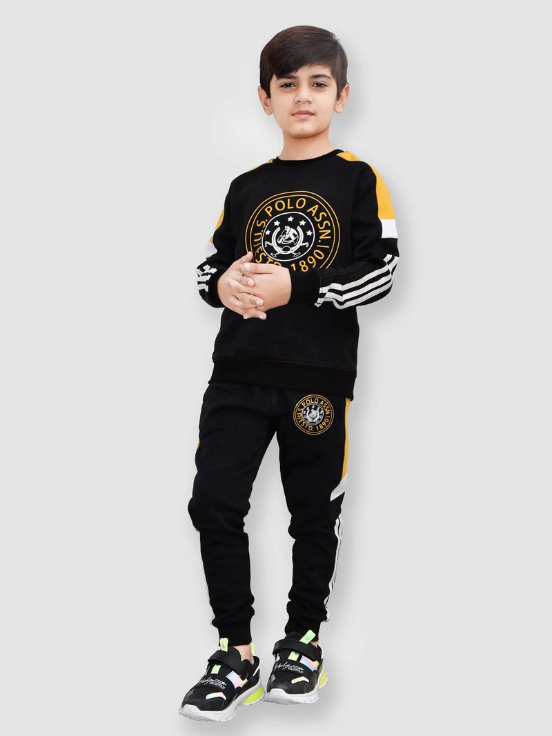 U.S Polo Assn Fleece Tracksuit For Kids-Black with Yellow-LOC
