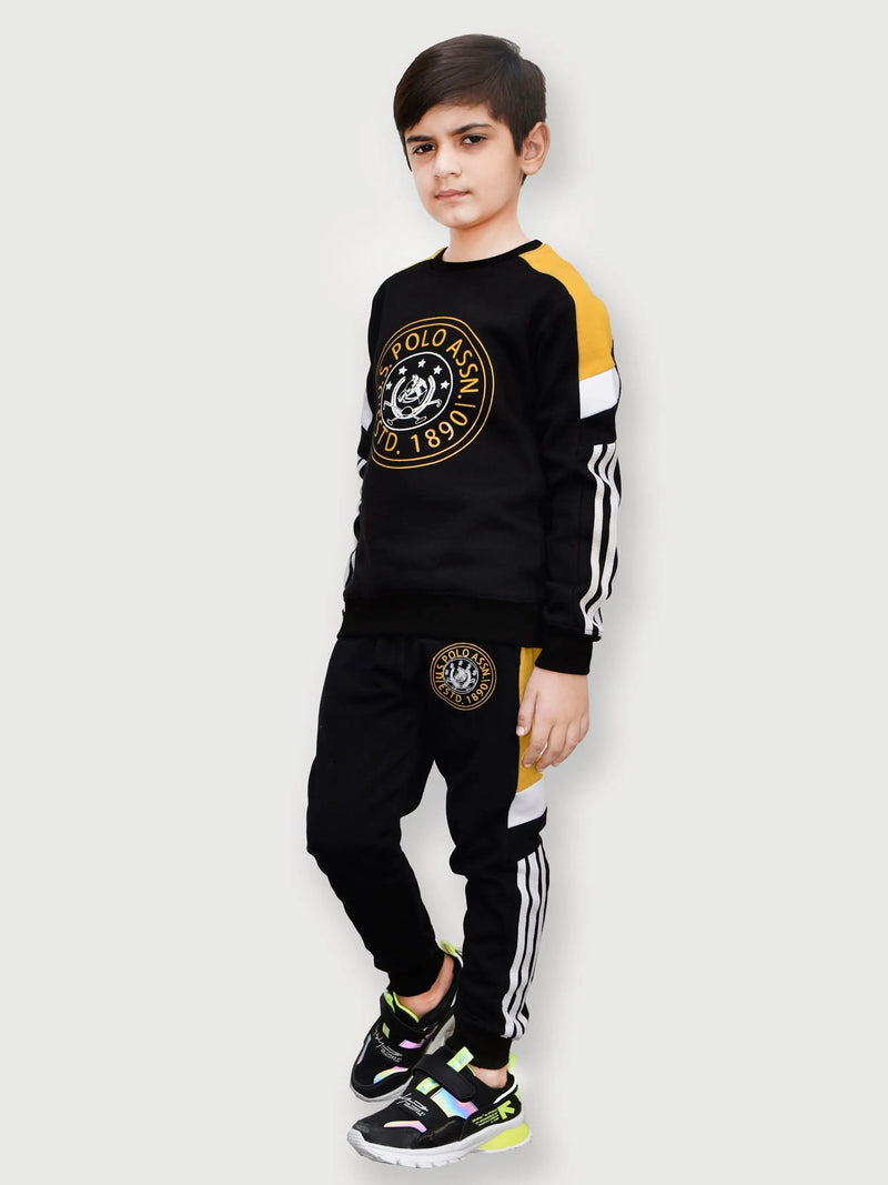 U.S Polo Assn Fleece Tracksuit For Kids-Black with Yellow-LOC