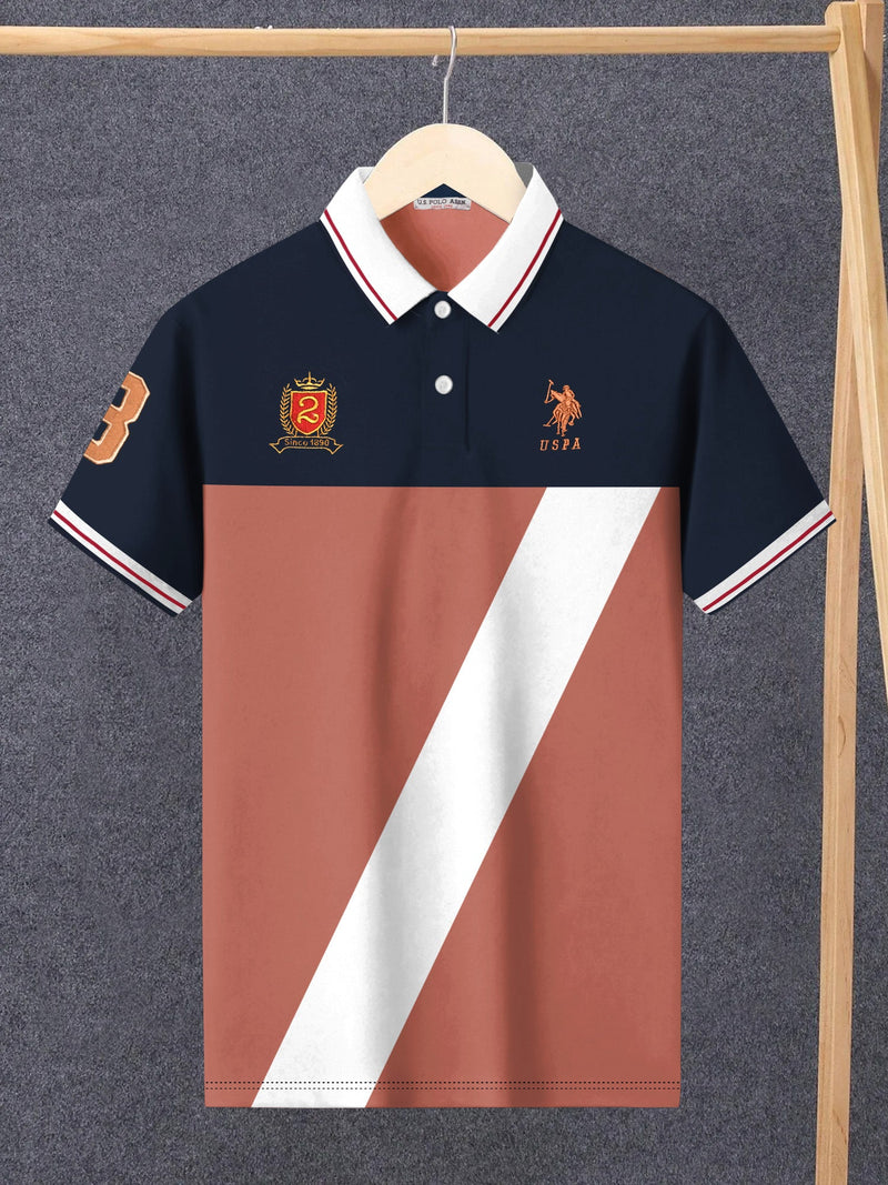 U.S Polo Assn. Summer Polo Shirt For Men-Dark Navy with Light Orange & White Panel-LOC0093