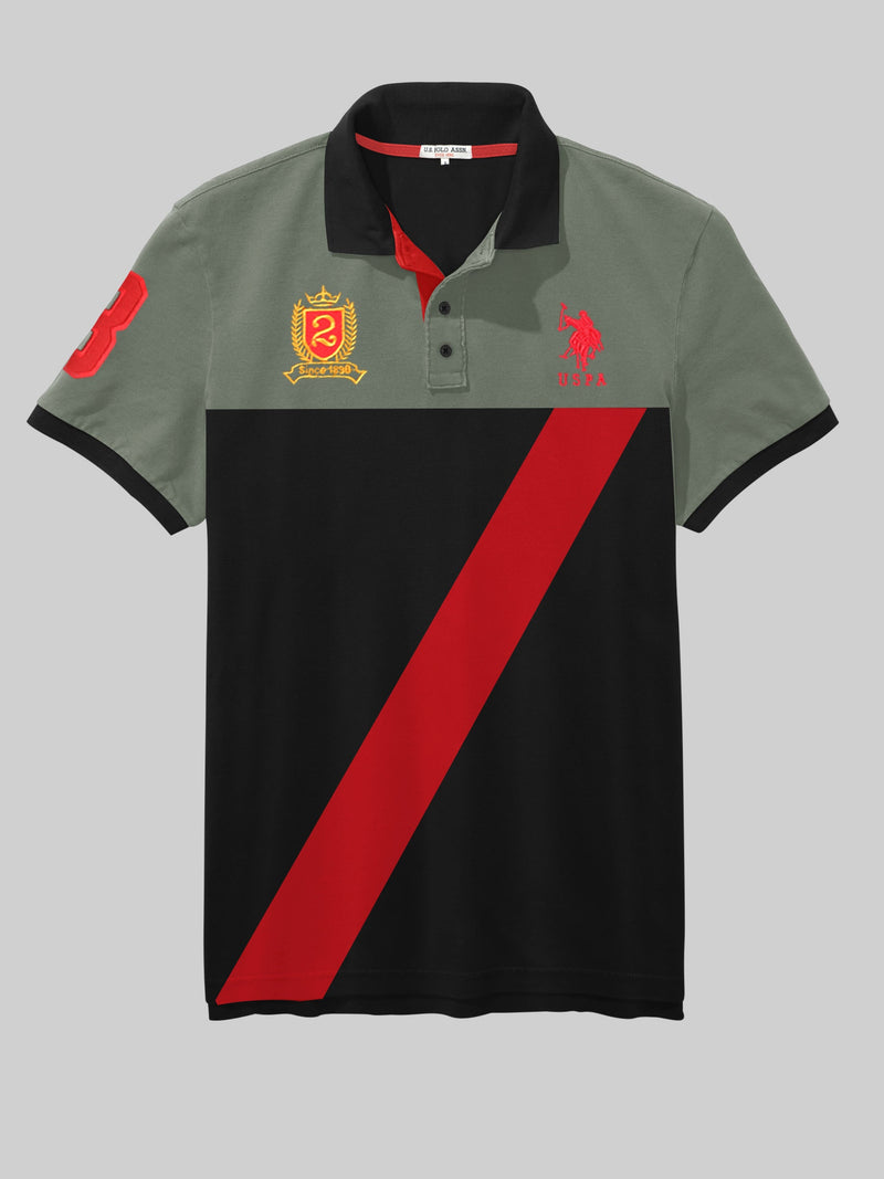 Summer Polo Shirt For Men-Black with Slate Grey & Red Stripe-LOC0097