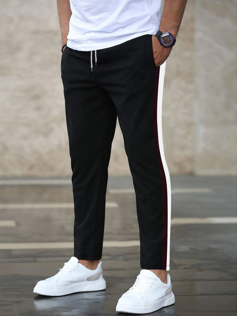 Louis Vicaci Slim Fit Lycra Trouser Pent For Men-Black with Maroon & White Stripe-BR693