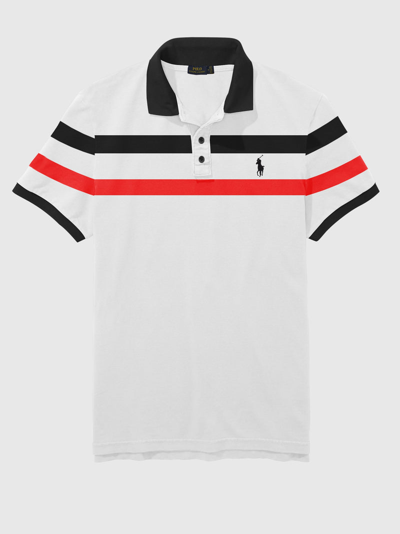 Summer Polo Shirt For Men-White With Navy & Red Stripes-LOC0085