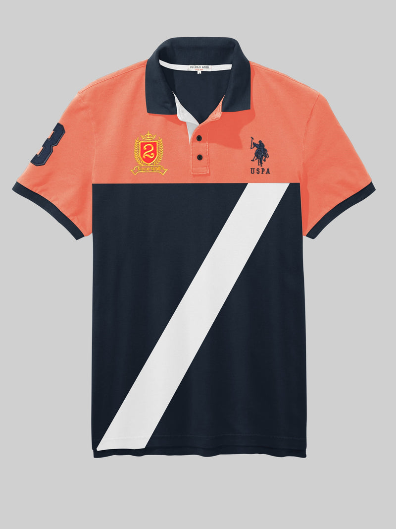 Summer Polo Shirt For Men-Navy with Coral Orange & White Stripe-LOC0095