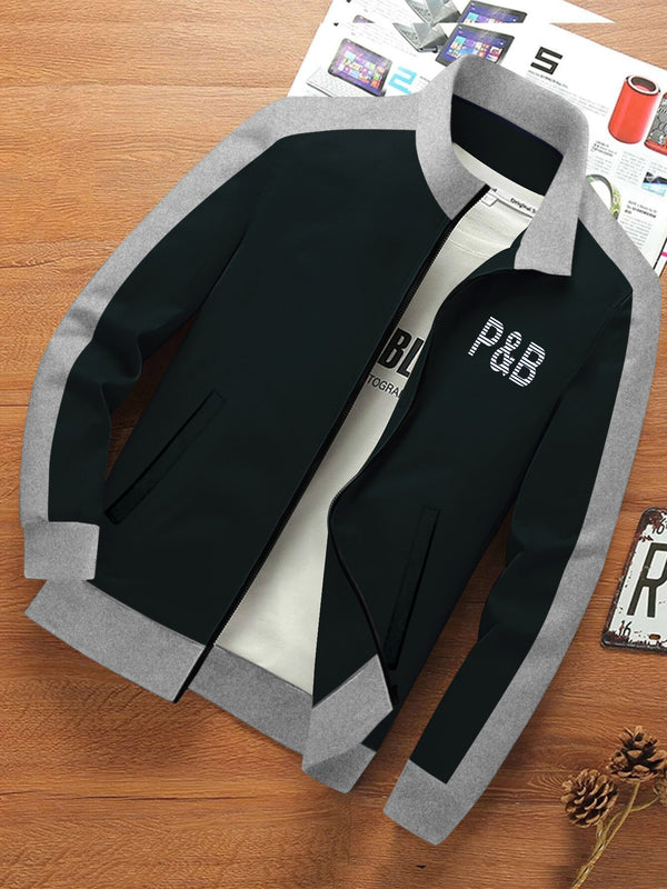 P&B Fleece Zipper Mock Neck Jacket For Men-Dark Cyan Green with Grey Melange-LOC#0J17