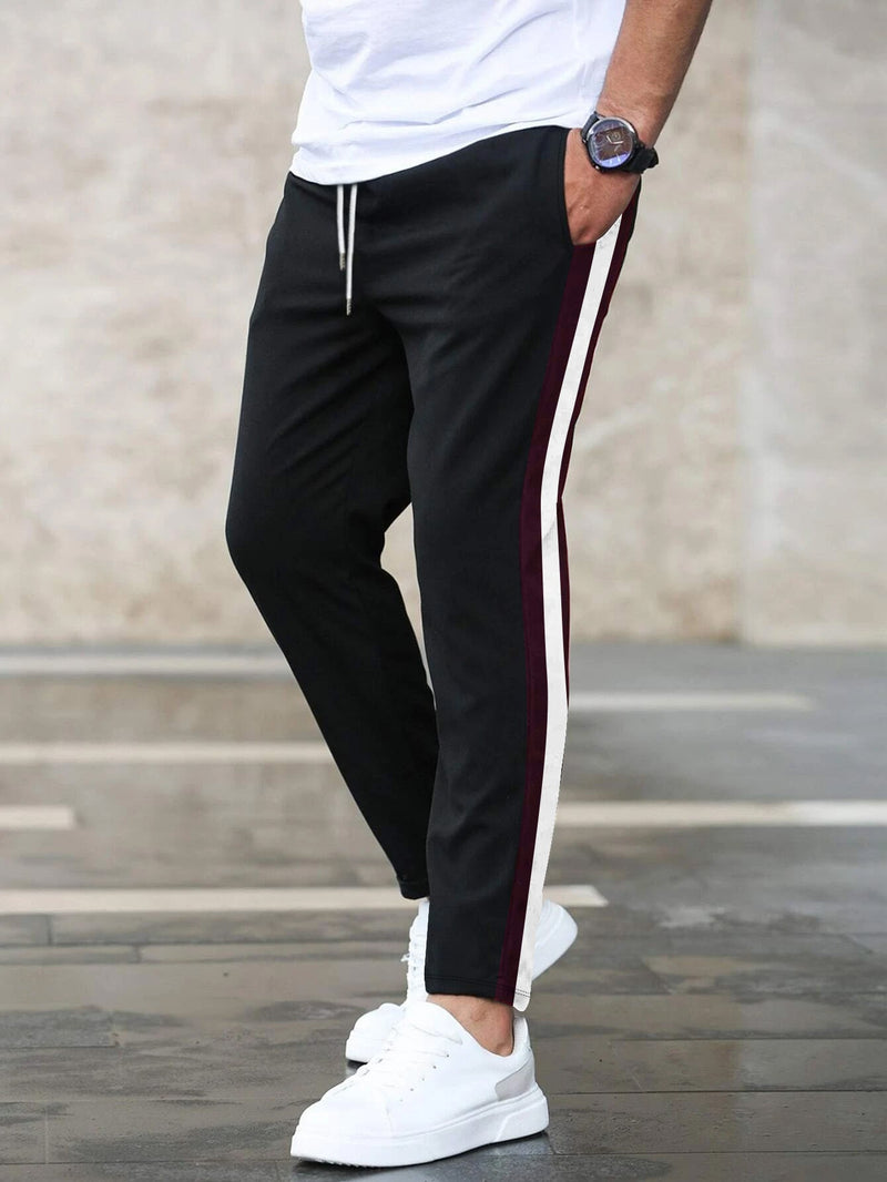 Louis Vicaci Slim Fit Lycra Trouser Pent For Men-Black with Maroon & White Stripe-BR693