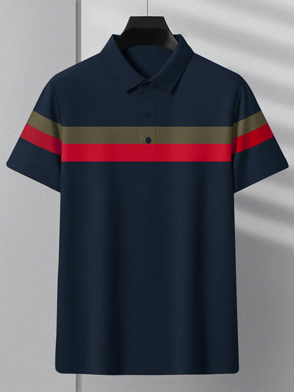 NXT Summer Polo Shirt For Men-Dark Navy With Red & Olive Stripe-LOC0035