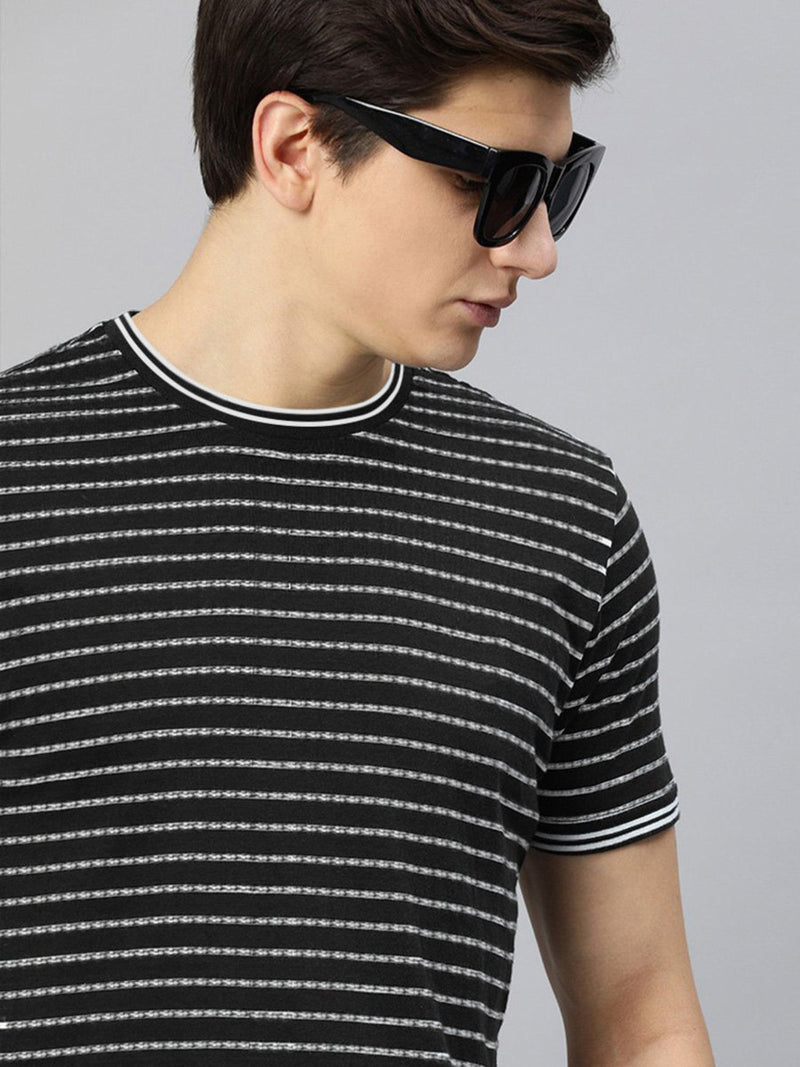 Summer Tee Shirt For Men-Black With White Lining-LOC27