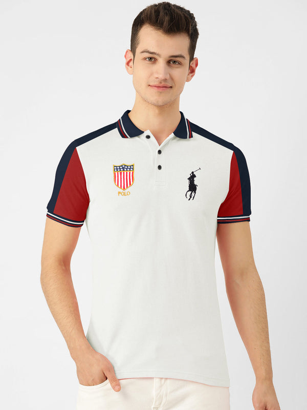 Summer Polo Shirt For Men-White With Navy & Red-LOC00104