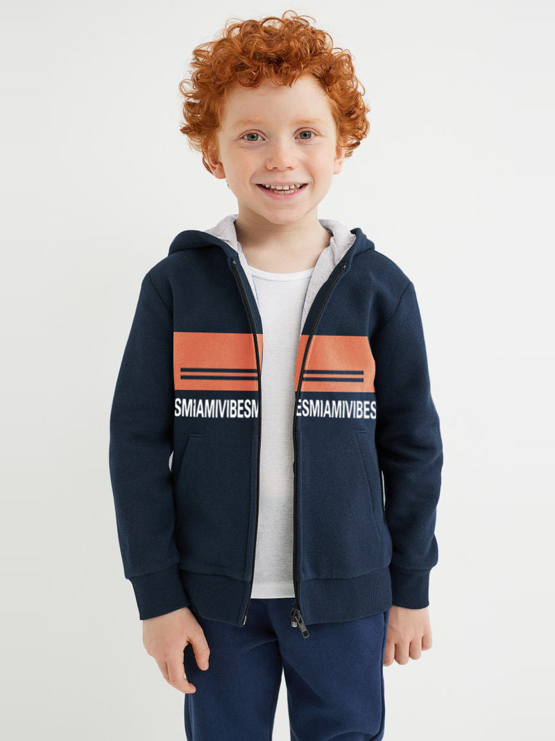 Miami Vibes Stylish Inner Fur Zipper Hoodie For Kids-Navy With Pink Panel-LOC