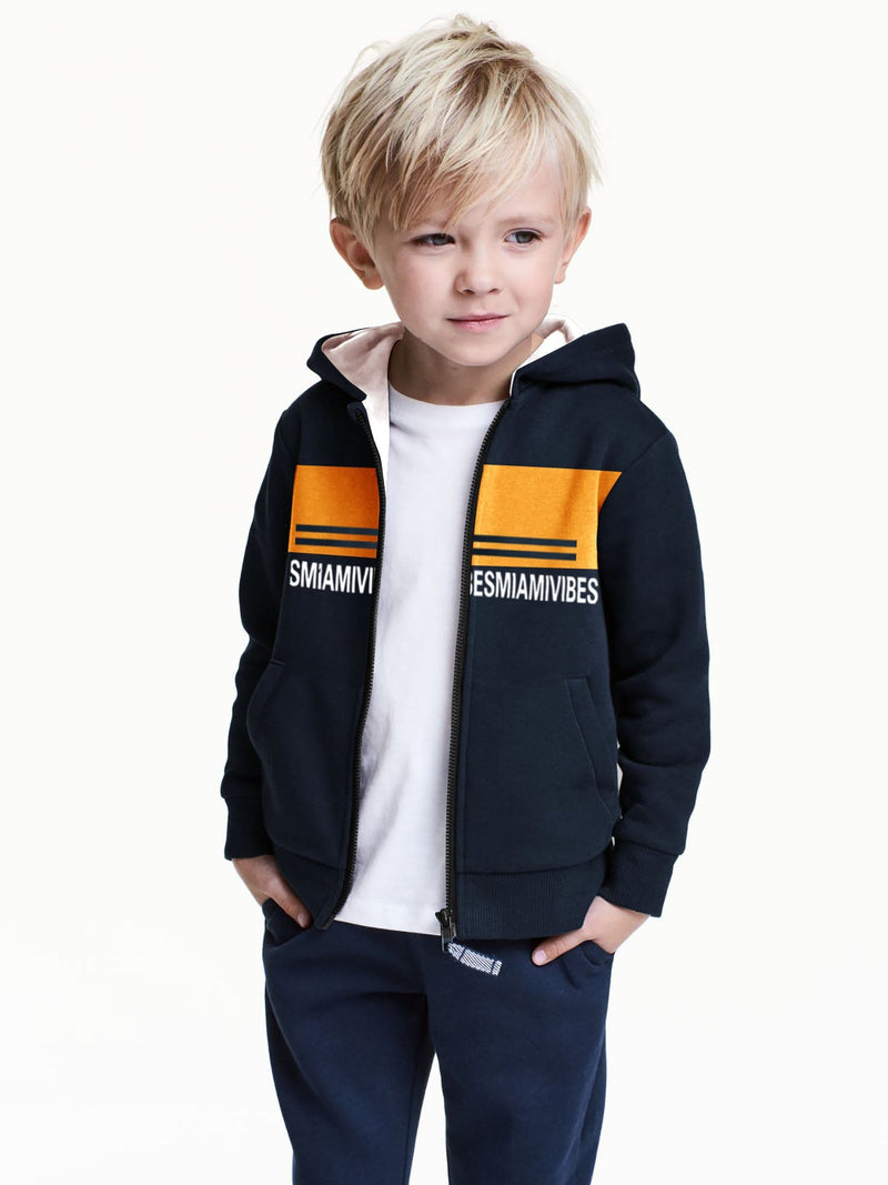Miami Vibes Stylish Inner Fur Zipper Hoodie For Kids-Navy With Yellow Panel-LOC