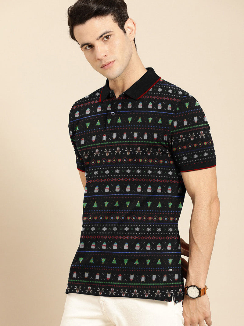 Summer Polo Shirt For Men-Black with Allover Print-LOC00119