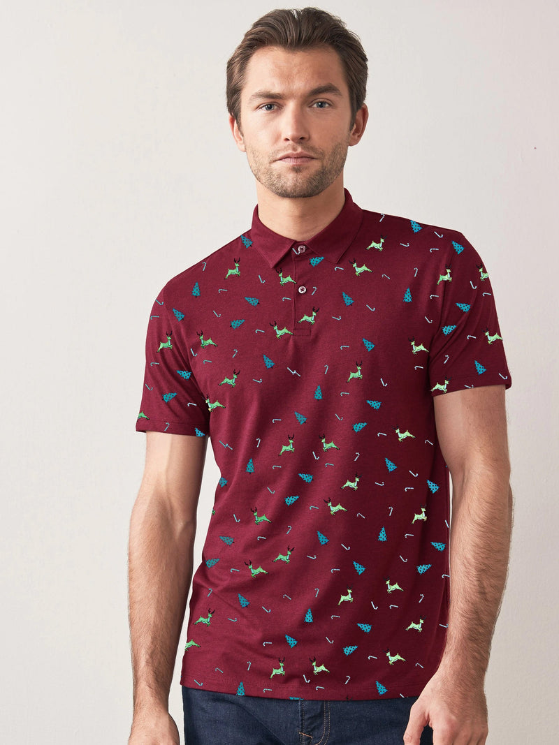 Summer Polo Shirt For Men-Dark Red with Allover Print-LOC00118