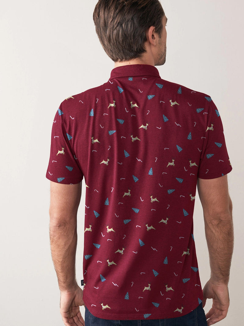 Summer Polo Shirt For Men-Dark Red with Allover Print-LOC00118