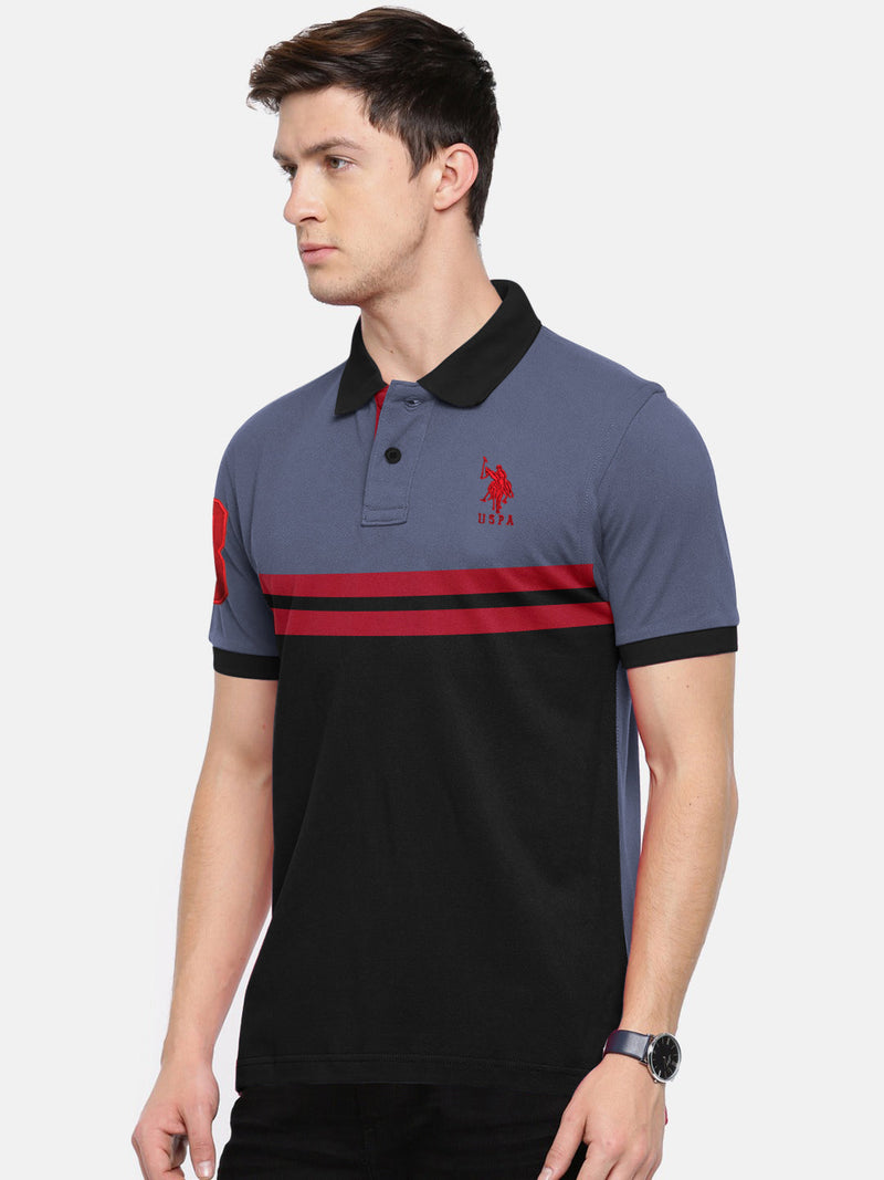 Summer Polo Shirt For Men-Slate Blue with Black Panel & Red Stripe-LOC00114