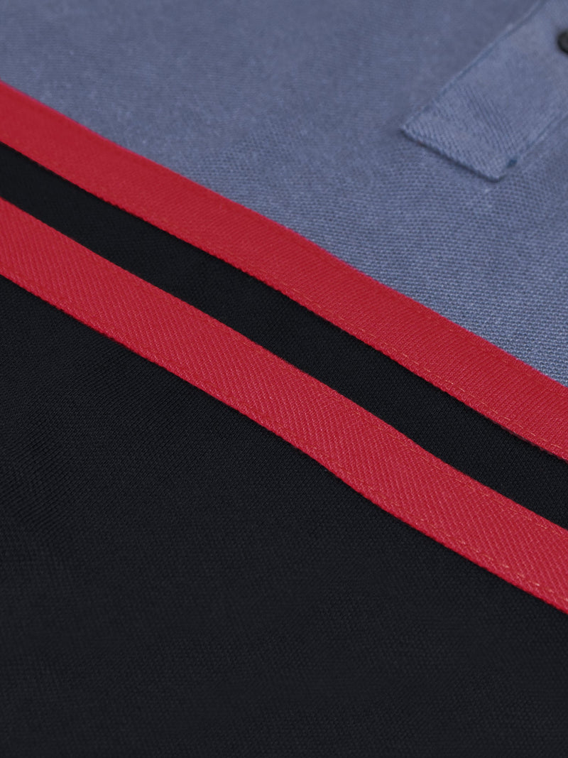 Summer Polo Shirt For Men-Slate Blue with Black Panel & Red Stripe-LOC00114