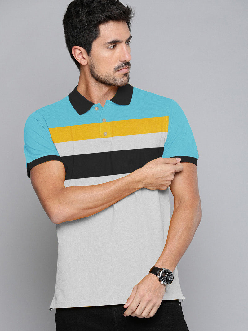 Summer Polo Shirt For Men-Light Grey with Sky & Yellow-LOC0042