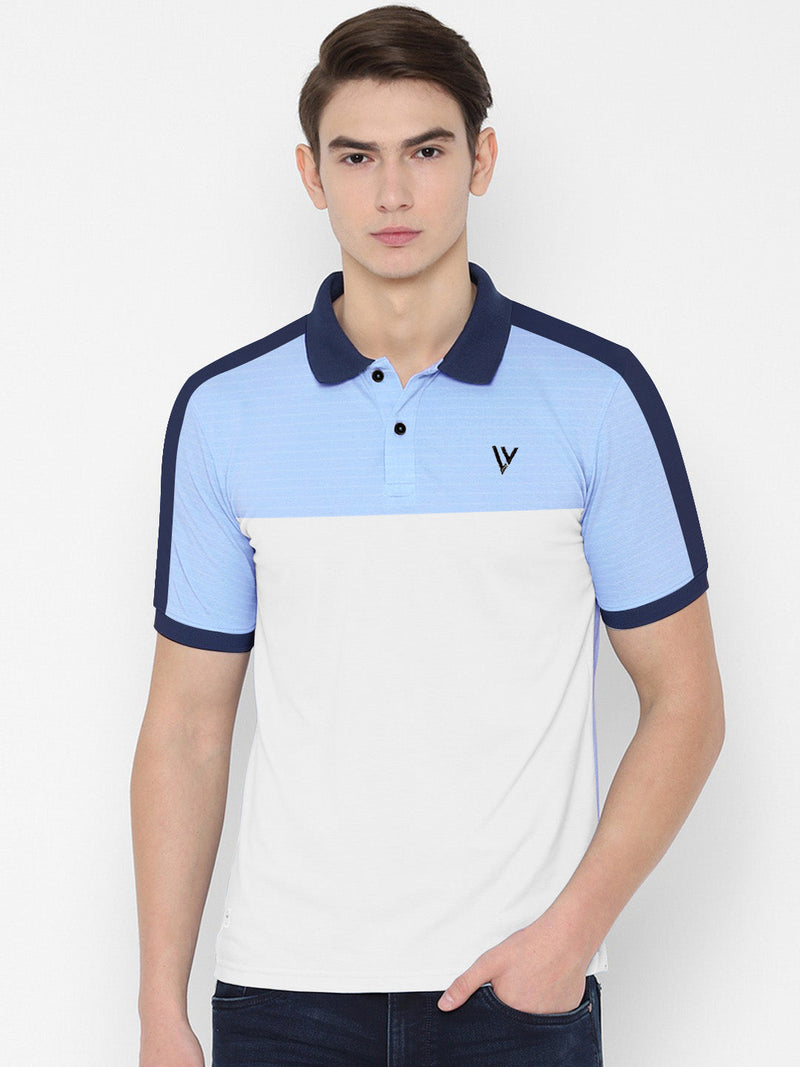 Summer Polo Shirt For Men-Dark White with Sky Lining & Navy-LOC0036