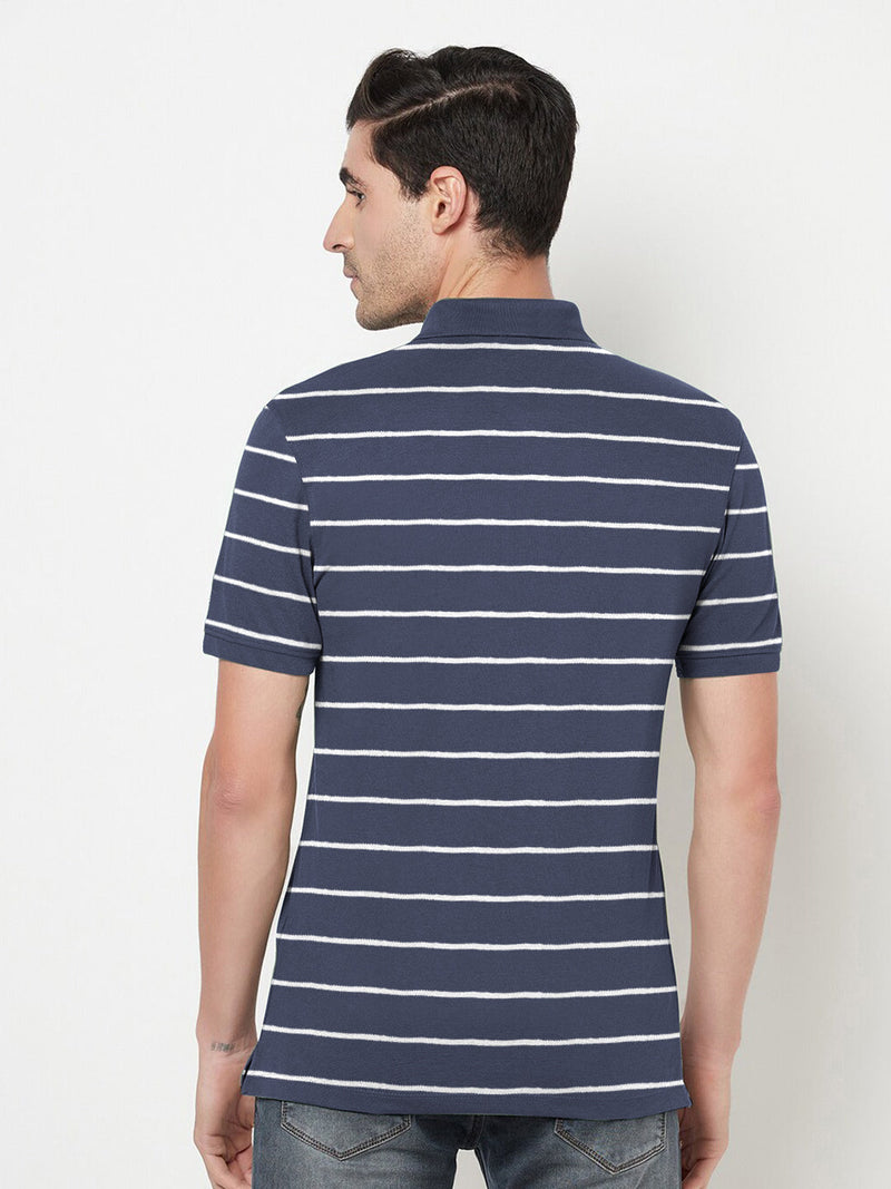 Summer Polo Shirt For Men-Navy with White Striped-LOC00111