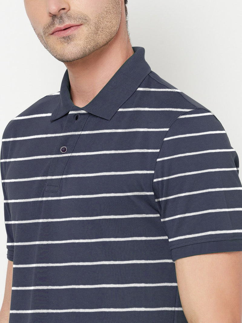 Summer Polo Shirt For Men-Navy with White Striped-LOC00111