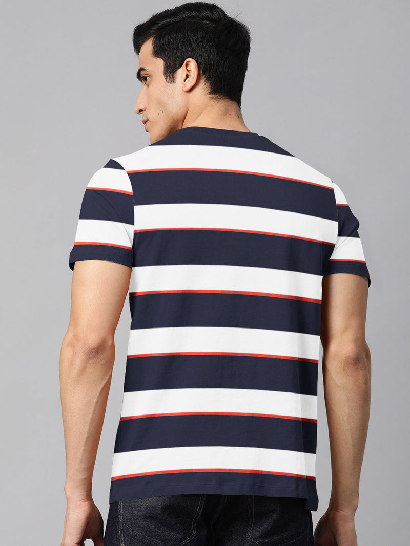 Summer Tee Shirt For Men-White with Navy Stripe-LOC08